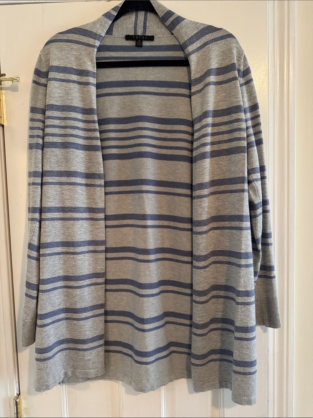 Cyrus Gray and Blue Striped Open-Front Cardigan